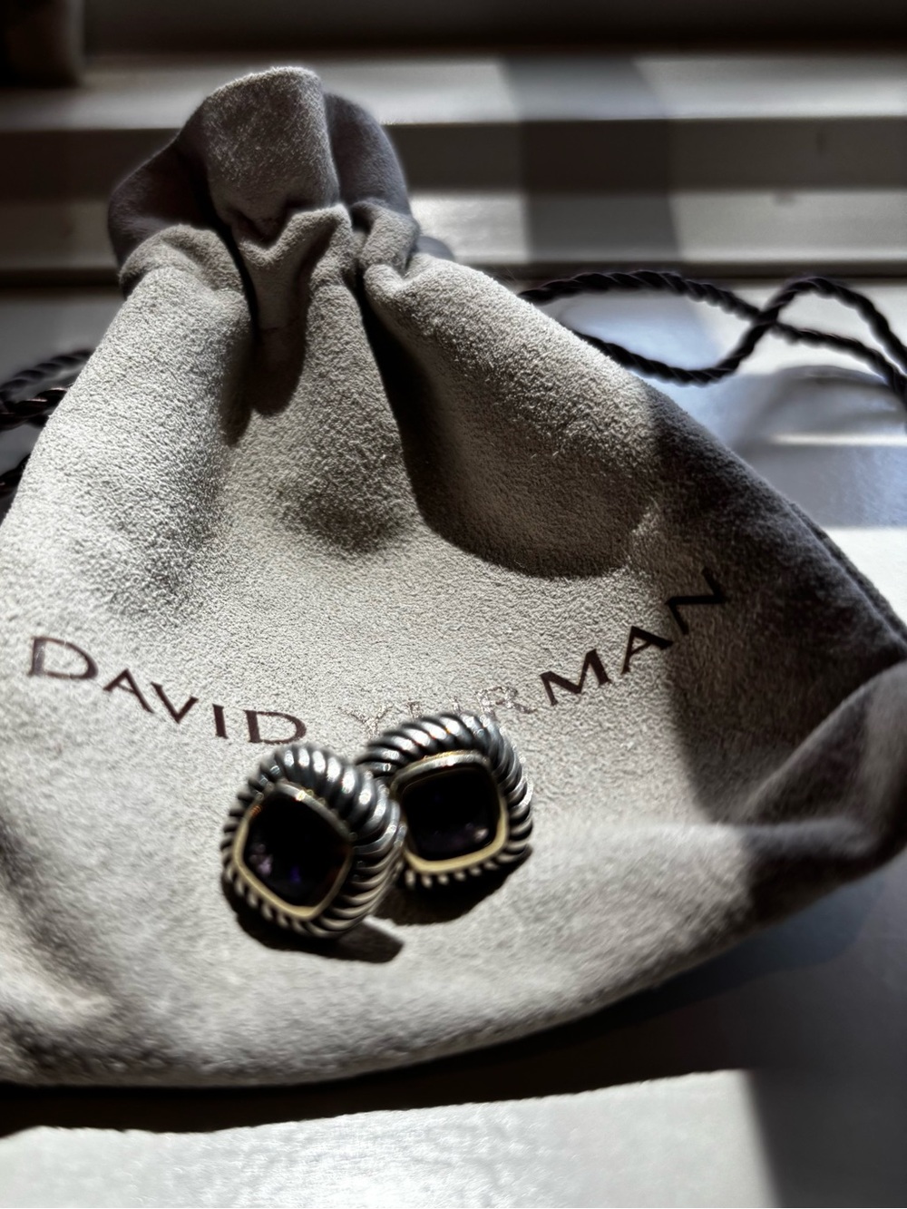 David Yurman Silver Cable Earrings with Deep Purple Amethyst Stones
